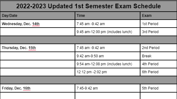 Updated exam schedule