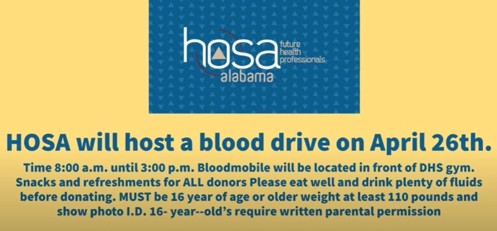 HOSA blood drive on April 26th