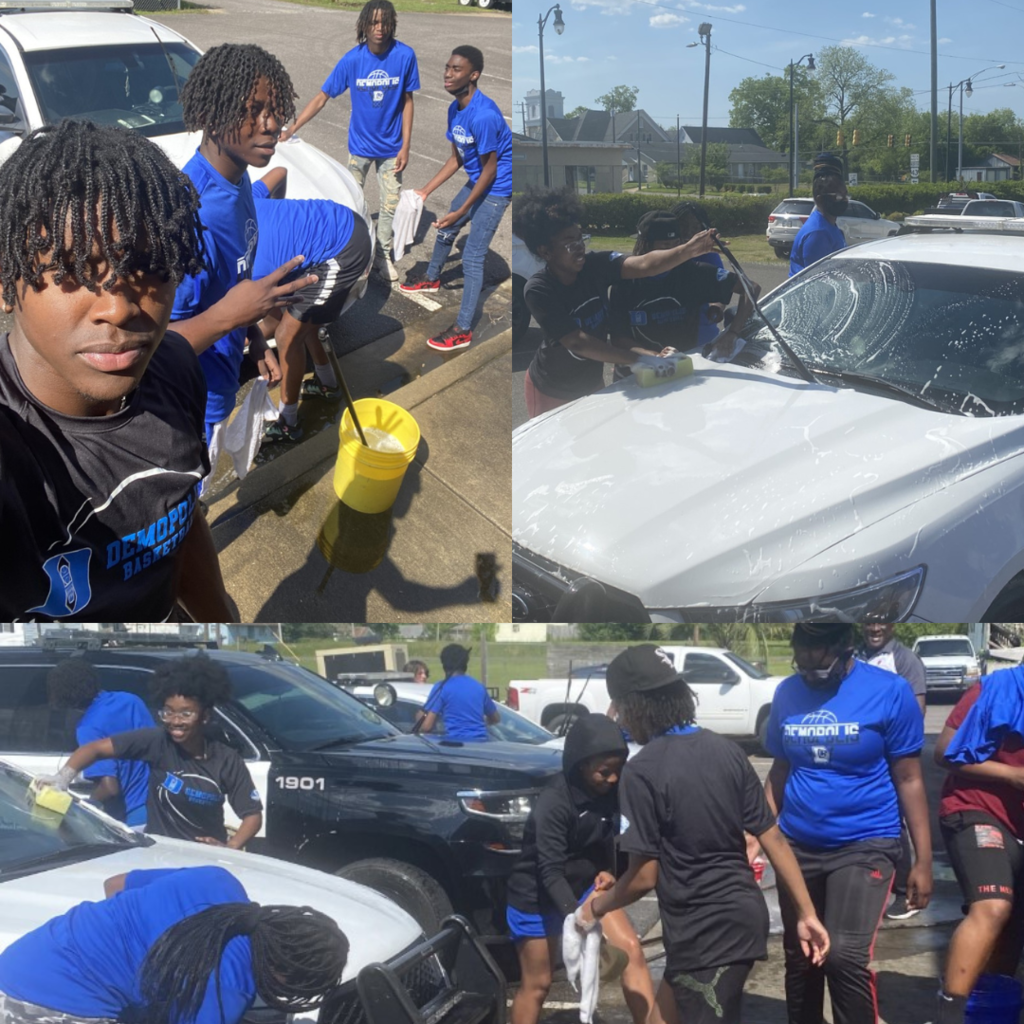 basketball players volunteer to wash cars for Win the Day